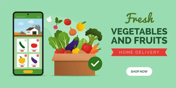 Koupit Farmě Čerstvou Zeleninu Ovoce Line Přímo Zemědělce Smartphone App — Stockový vektor