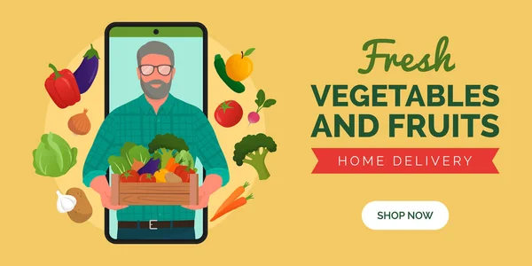 网上购买农场新鲜蔬菜和水果 在智能手机屏幕上的农民拿着装有新鲜蔬菜和水果的板条箱 — 图库矢量图片