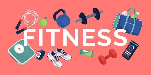 Word Fitness Entouré Matériel Entraînement Aliments Sains Appareils Concept Exercice — Image vectorielle