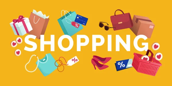 Word Shopping Circondato Prodotti Carta Credito Coupon Shopping Online Commerce — Vettoriale Stock
