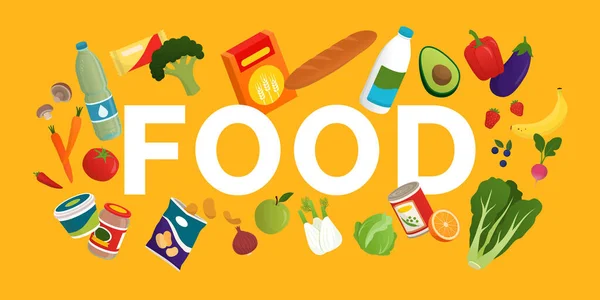 様々な新鮮な食料品 飲み物に囲まれた言葉の食べ物 栄養と食料品のショッピングコンセプト — ストックベクタ