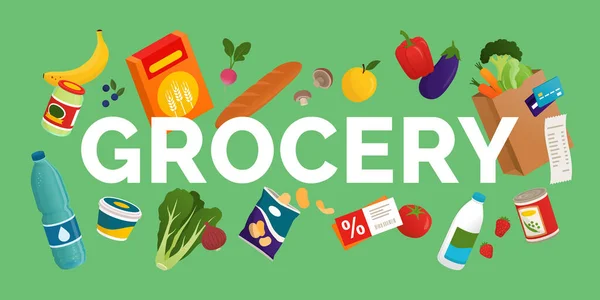 Lebensmittelwort Umgeben Von Verschiedenen Lebensmitteln Und Getränken Lebensmitteleinkaufskonzept — Stockvektor
