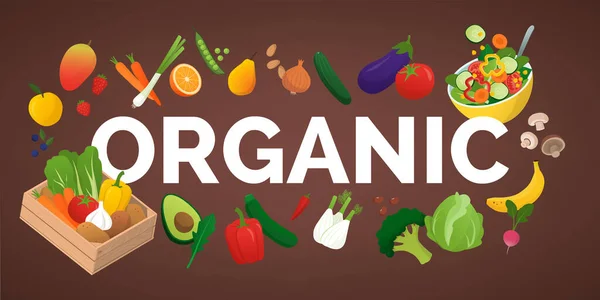 Palavra Orgânica Cercada Por Legumes Frutas Frescos Saudáveis Conceito Agricultura —  Vetores de Stock