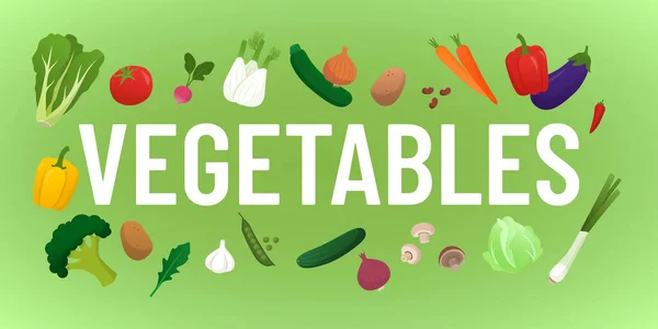新鮮なカラフルな野菜に囲まれた単語の野菜 健康的な食事とビーガン食の概念 — ストックベクタ