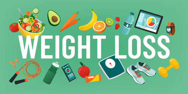 Word weight loss surrounded by training equipment, healthy food and devices: fitness and losing weight concept