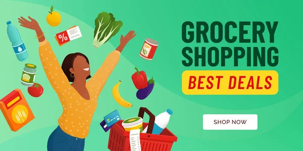 Mujer Feliz Haciendo Compras Comestibles Supermercado Ofrece Pancarta Con Espacio — Vector de stock