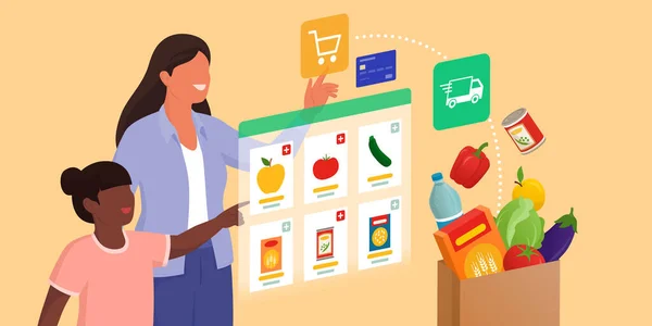 仮想インターフェイスで食料品を注文する幸せな母親と娘 オンライン食料品の買い物と技術の概念 — ストックベクタ