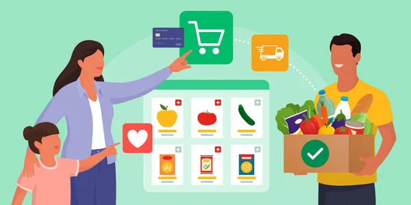 仮想インターフェイスでオンライン食料品ショッピングを行い 新鮮な食料品を受け取る人々 — ストックベクタ