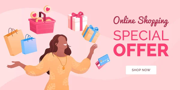 Ευτυχισμένη Χαρούμενη Γυναίκα Που Κάνει Online Αγορές Λαμβάνει Τσάντες Και — Διανυσματικό Αρχείο