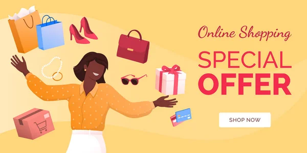 Çevrimiçi Alışveriş Yapan Neşeli Kadın Alışveriş Poşetleri Kutular Alıyor Çevrimiçi — Stok Vektör