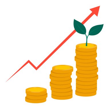 Artan bir finansal tablo ve yukarı doğru giden bir ok oluşturan birikmiş paralar, başarılı yatırım konsepti