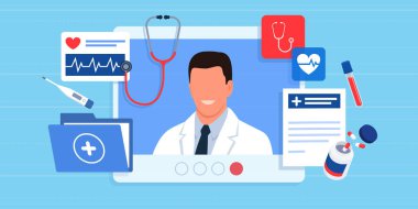 Video görüşmesi ve tıbbi malzemeler hakkında danışmanlık yapan profesyonel doktor: sağlık ve çevrimiçi doktor konsepti