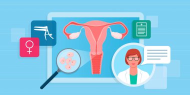 Profesyonel jinekolog çevrimiçi danışmanlık yapıyor: sanal ekranda uterus incelemesi: teletıp, sağlık ve teknoloji konsepti