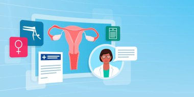 Profesyonel jinekolog çevrimiçi danışmanlık yapıyor: sanal ekranda uterus incelemesi: teletıp, sağlık ve teknoloji konsepti