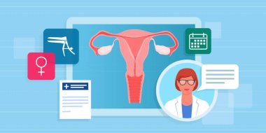 Profesyonel jinekolog çevrimiçi danışmanlık yapıyor: sanal ekranda uterus incelemesi: teletıp, sağlık ve teknoloji konsepti