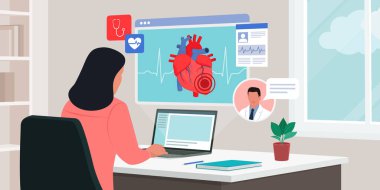 Hasta evde profesyonel bir internet doktoruyla konuşuyor ve sanal dijital ekranların tıbbi kayıtlarını kontrol ediyor.