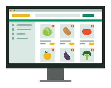Çevrimiçi market alışverişi arayüzü satışta olan çeşitli ürünlerle ekranda
