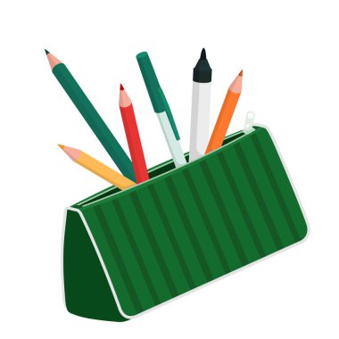 Çeşitli malzemeler, yaratıcılık ve okul konseptiyle kalem kutusu aç