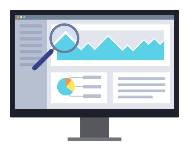 Verileri analiz eden büyüteçle bilgisayar ekranında finans ve yönetim yazılımı