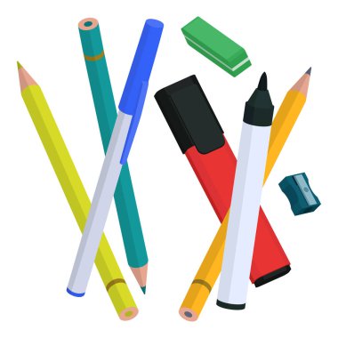 Karışık ofis ve okul malzemeleri: kalem, keçeli kalemler, kalemler, açacağı ve silgi