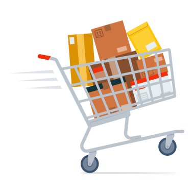 Teslimat kutuları ve paketlerle dolu hızlı alışveriş arabası, online alışveriş konsepti.