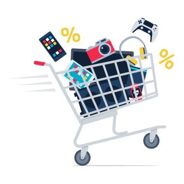 Tüketici elektroniği, alışveriş ve teknoloji konseptiyle dolu hızlı alışveriş arabası.
