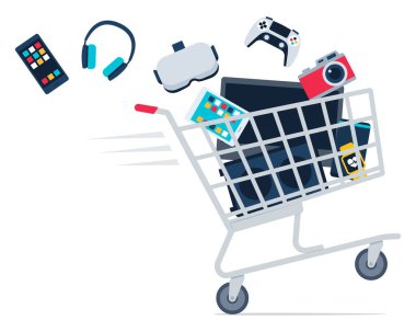 Tüketici elektroniği, alışveriş ve teknoloji konseptiyle dolu hızlı alışveriş arabası.
