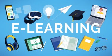 Cihazlar ve okul ekipmanları, öğrenme ve eğitim kavramlarıyla çevrili e-öğrenme metni