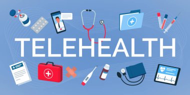 Tıbbi ekipmanlarla çevrili TeleHealth metni: çevrimiçi doktor ve teletıp kavramı
