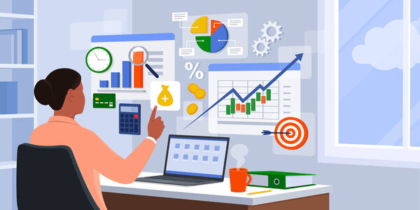 Деловая женщина в офисе взаимодействует с виртуальными экранами и графиками