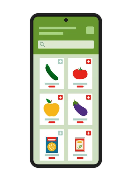 Online Grocery Shopping App Smartphone Assorted Items Displayed Search Bar — Stock Vector