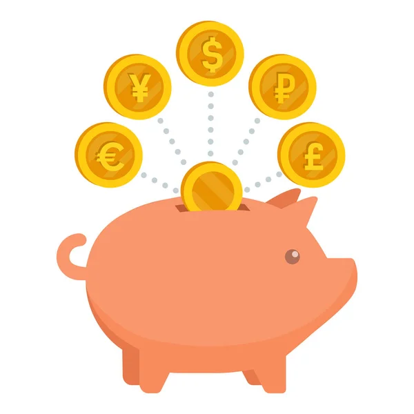 Piggy Bank Med Många Olika Valutor Valuta Utbyte Och Insättning — Stock vektor