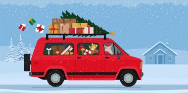 Noel Baba karların altında bir minibüs sürüyor ve Noel hediyeleri taşıyor.