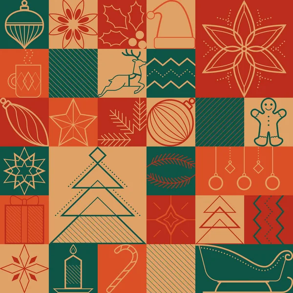 Рождество Зимние Праздники Бесшовный Узор Простыми Графическими Иконками Линии — стоковый вектор