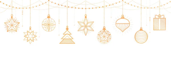 Χριστουγεννιάτικο Και Ευτυχισμένο Νέο Έτος Banner Κρέμονται Πολυτελή Χρυσά Διακοσμητικά — Διανυσματικό Αρχείο