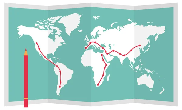 Wereld Kaart Reisroute Getekend Met Een Rood Potlood Toerisme Reizen — Stockvector