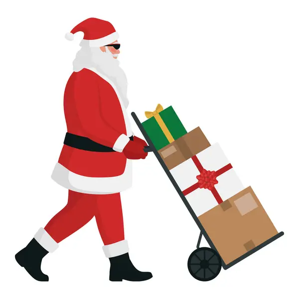 現代のサンタクロースは荷を積んだハンドトラックを押し 彼は孤立したクリスマスプレゼントを配信しています — ストックベクタ