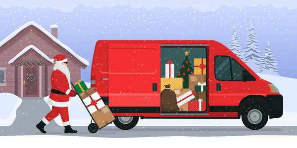 Santa Claus delivering Christmas gifts, he is loading the boxes into a van