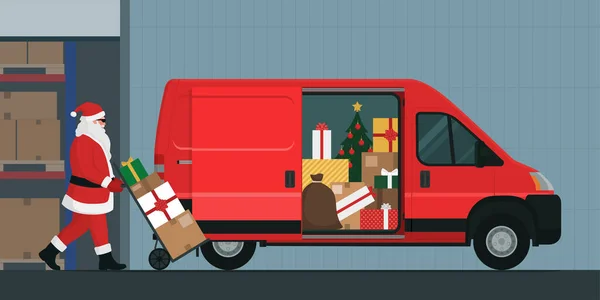 Noel Baba Hediye Getiriyor Depoya Bir Minibüs Yüklüyor — Stok Vektör