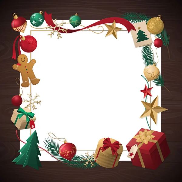 Χριστουγεννιάτικη Κάρτα Διακοπών Πλαίσιο Που Αποτελείται Από Στολίδια Και Δώρα — Διανυσματικό Αρχείο