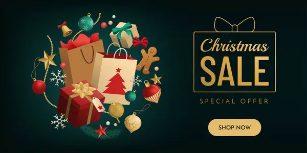 Banner Promocional Venda Natal Com Presentes Sacos Compras Espaço Cópia — Vetor de Stock