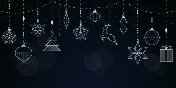 Χριστουγεννιάτικο Και Ευτυχισμένο Νέο Έτος Banner Κρέμονται Πολυτελή Ασημένια Διακοσμητικά — Διανυσματικό Αρχείο