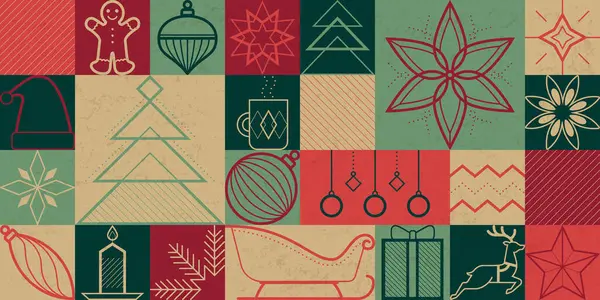 Navidad Vacaciones Fondo Vintage Con Decoraciones Adornos Iconos — Vector de stock