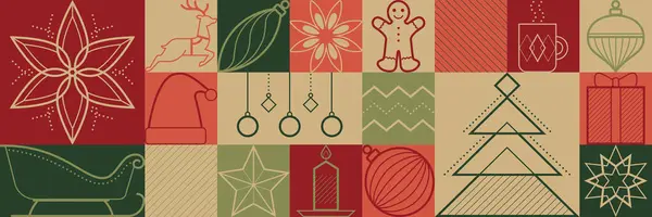 装飾および装飾のアイコンが付いているクリスマスおよび休日のヴィンテージの背景 — ストックベクタ