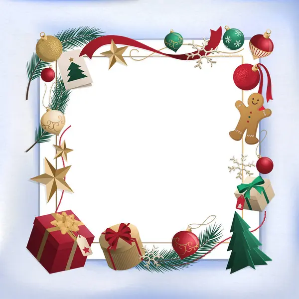 Carte Noël Avec Cadre Composé Ornements Cadeaux Espace Copie Vierge — Image vectorielle