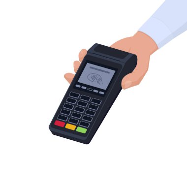 POS terminali, nakit ödemeler ve perakende konsepti tutan bir mağaza asistanı.