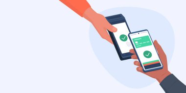 Bir POS terminal makinesini elinde tutan perakendeciler ve akıllı telefonunu kullanarak ödeme yapan müşteriler, kopyalama alanı olan pankart