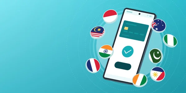 Aplicación Billetera Digital Smartphone Banderas Internacionales Transferencia Dinero Pagos Cambio Vector De Stock