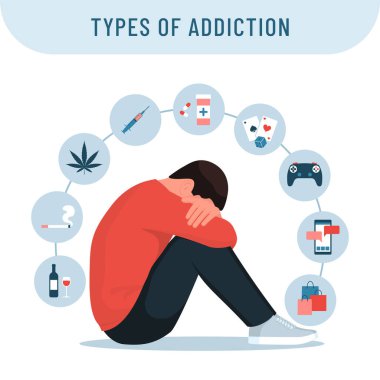 Simgelerle ve depresyonlu adamla bağımlılık bilgileri, zihinsel bozukluklar konsepti