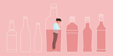 Şişede kapana kısılmış umutsuz depresyondaki kadın: alkol bağımlılığı konsepti